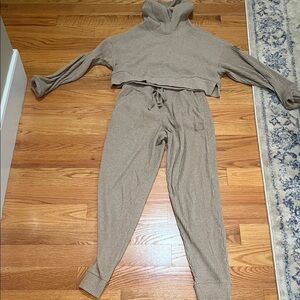 ALO Yoga Ribbed Track Joggers & Crop Hoodie Set in Taupe